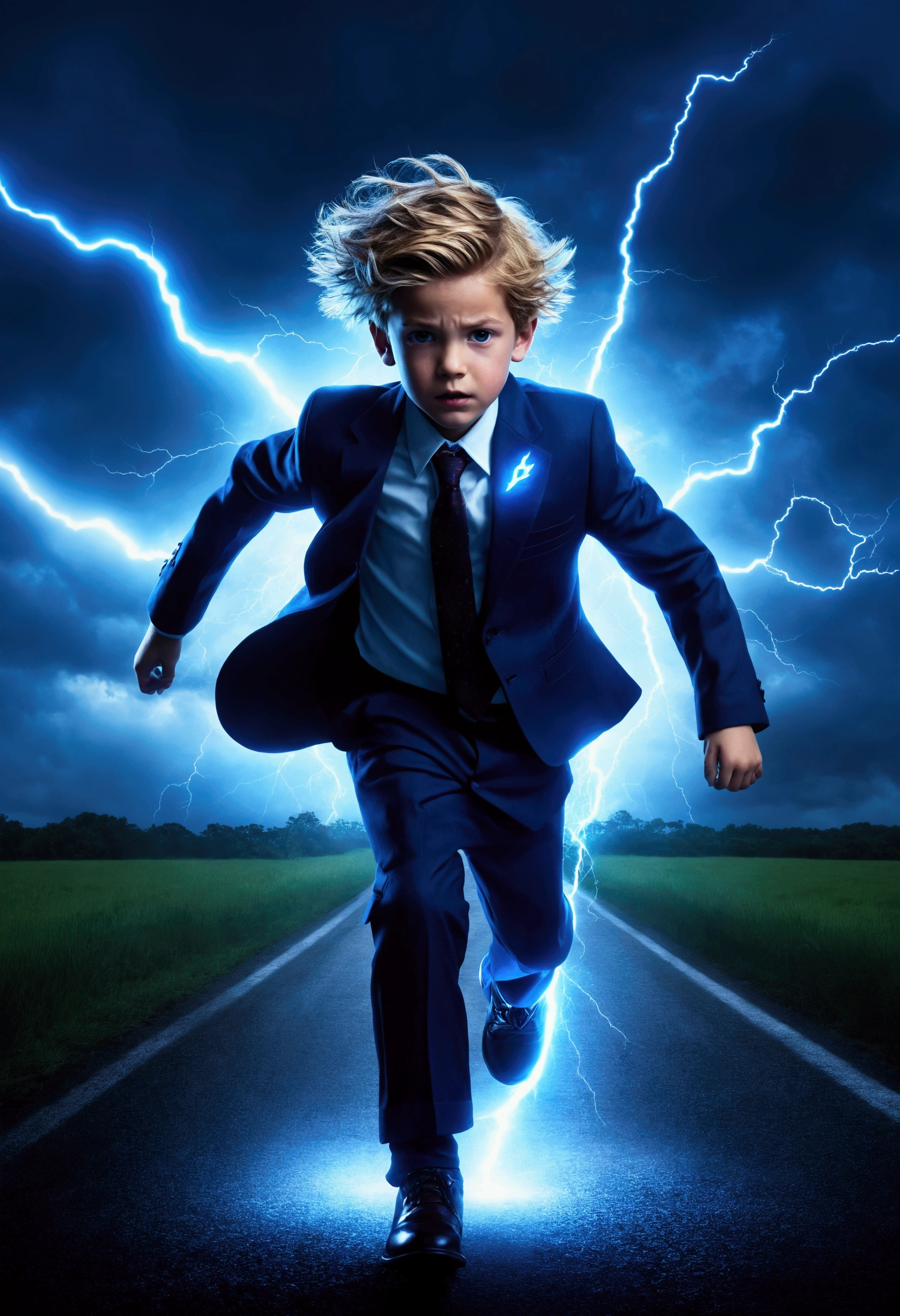 A boy who got struck by lighting and got speed, flying, lighting bolts, Suit blue with glowing lighting symbol, hair colour dark blue, stormy enviroment