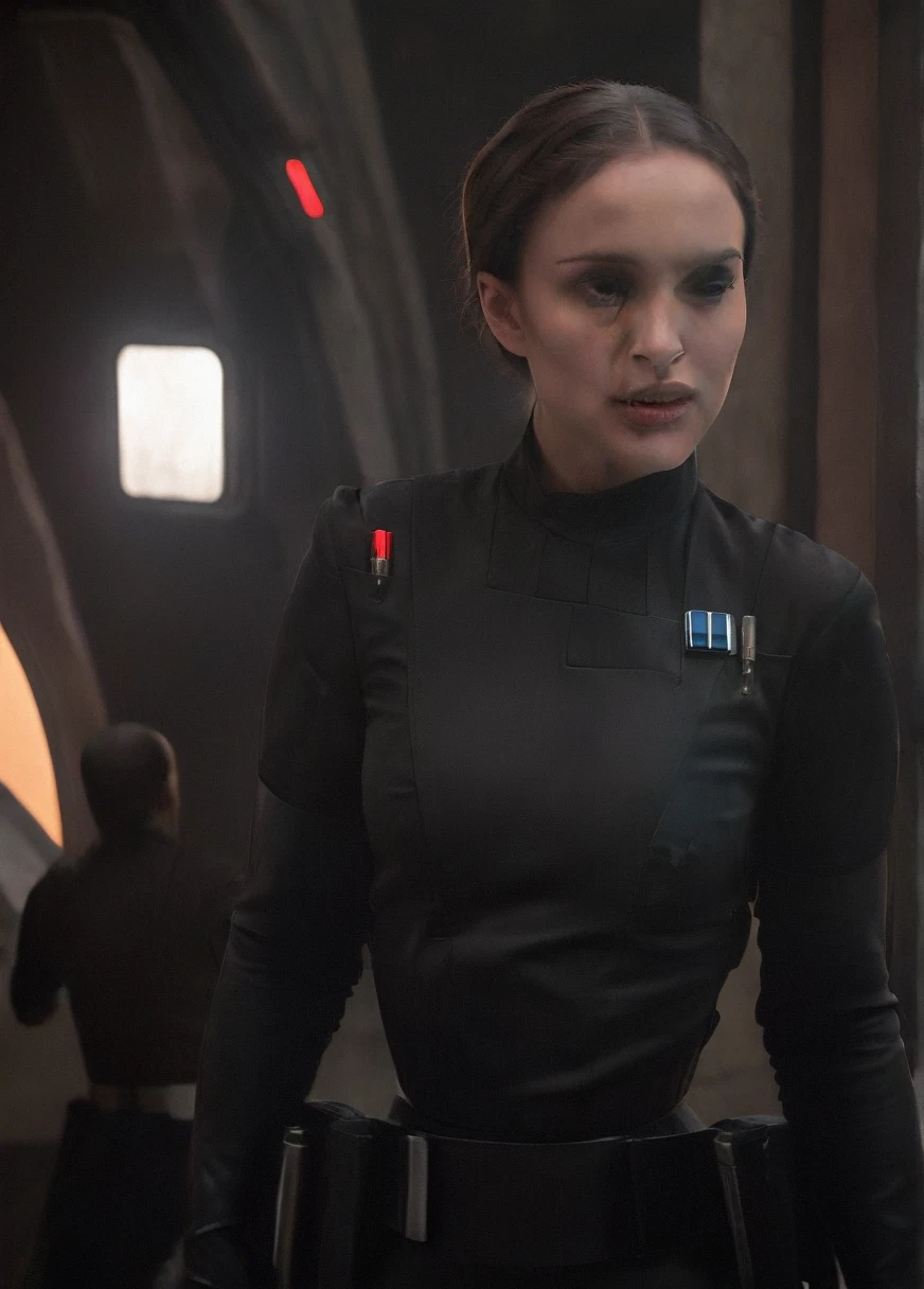 high resolution photo face close-up of p4dme woman sitting in a star wars cantina,looking at camera,black uniform,hair chignon,full body shot,Imperial officer wearing a (color) uniform depth of field,volumetric lighting,sunrise,(surreal dramatic lighting shadow) Waiting to start
