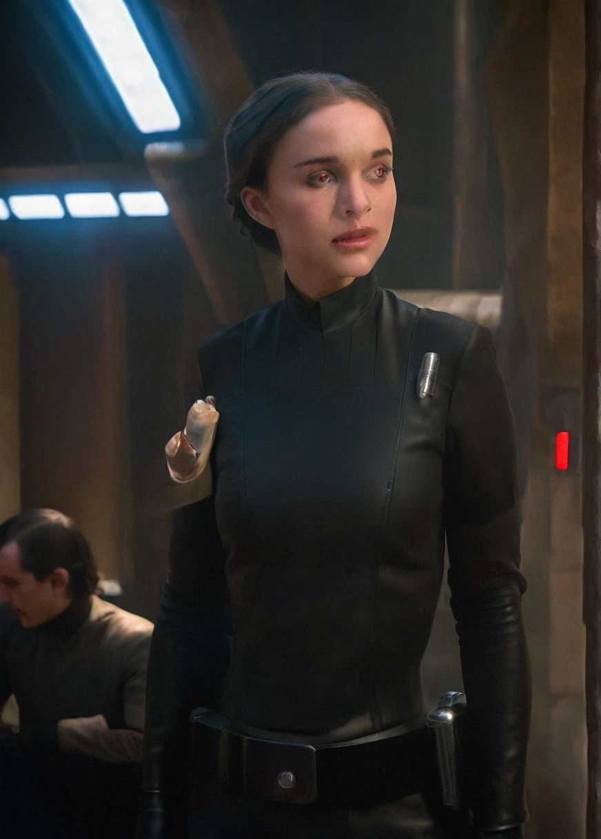 high resolution photo face close-up of p4dme woman sitting in a star wars cantina,looking at camera,black uniform,hair chignon,full body shot,Imperial officer wearing a (color) uniform depth of field,volumetric lighting,sunrise,(surreal dramatic lighting shadow) Waiting to start
