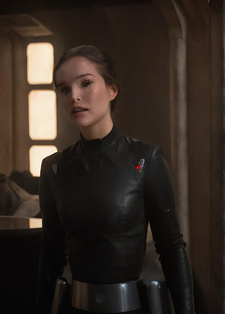 high resolution photo face close-up of p4dme woman sitting in a star wars cantina,looking at camera,black uniform,hair chignon,full body shot,Imperial officer wearing a (color) uniform depth of field,volumetric lighting,sunrise,(surreal dramatic lighting shadow) Waiting to start
