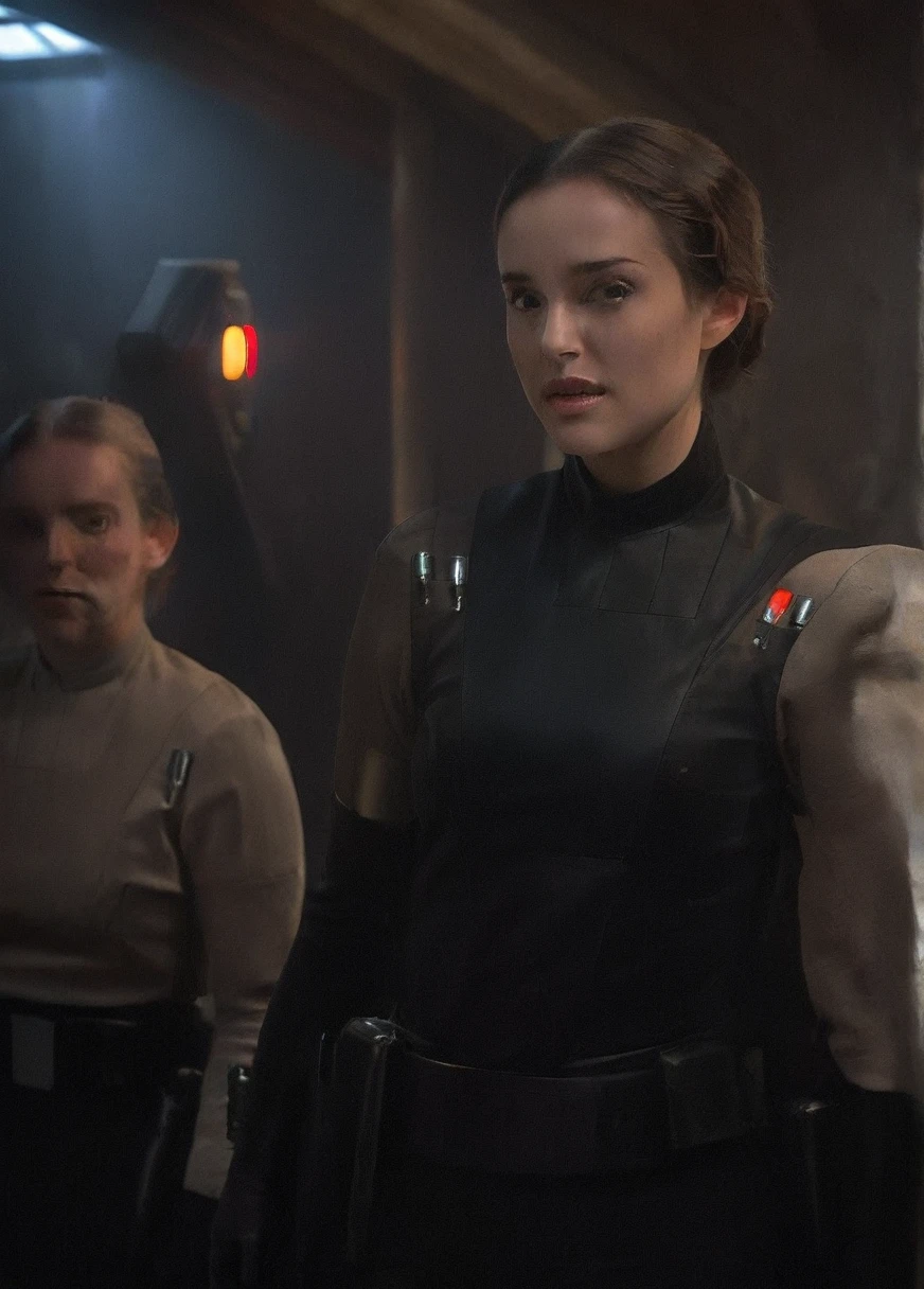 high resolution photo face close-up of p4dme woman sitting in a star wars cantina,looking at camera,black uniform,hair chignon,full body shot,Imperial officer wearing a (color) uniform depth of field,volumetric lighting,sunrise,(surreal dramatic lighting shadow) Waiting to start
