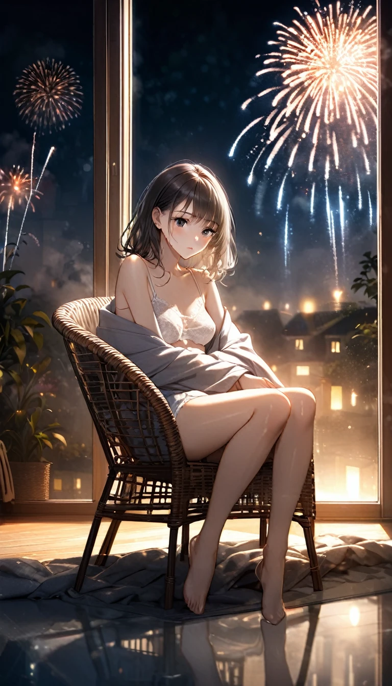 the most beautiful woman in the world, with sad expression, sitting on rattan chair and leaning against the window glass, reflection of fireworks light, wearing underwear, foggy filter effect, 2.5D, delicate and dynamic