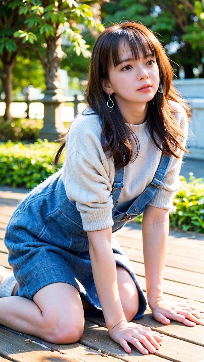 (((Japanese)))(10-year-old girl) ((((10-year-old girlが一人、alone)))) whole body写真 Full Shot short hair Low Ponytail whole body Thighs Janska(((Overalls))) (((Jumper skirt))) Salopette skirt Black Pantyhose cute Moe sleeves Long sleeve Put your hands in your sleeves Shot from between the legs Spread your legs Spread your legs Smile and squint Photographing the crotch Panties are visible through the gap