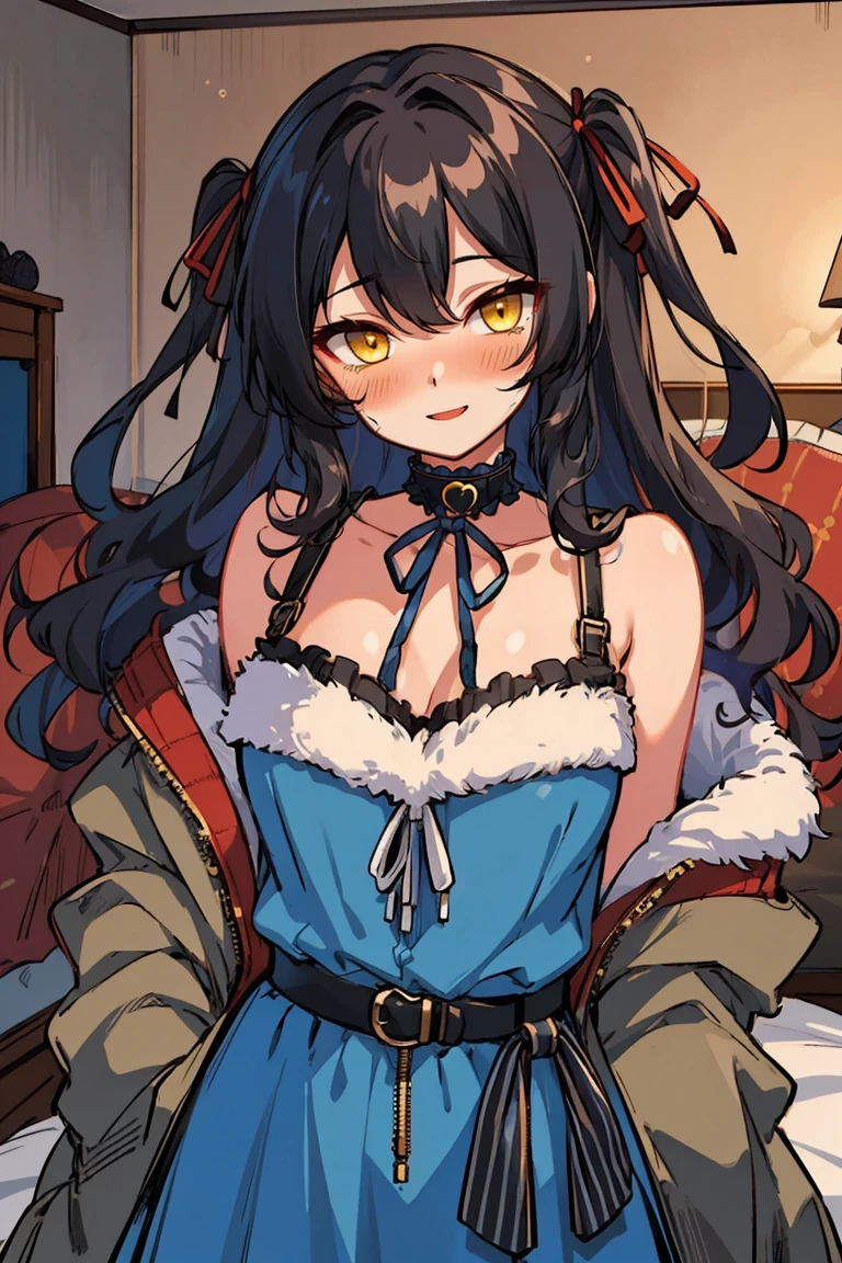 (masterpiece:1.2), (high quality:1.2), hui xiyi, rekkyo sensen, rekkyou sensen, (long wavy hair, hair ribbon, one side up:1.54), solo focus, hand up, waving, girls with((black hair, bare shoulders, medium breasts, breasts, choker, cleavage, collar, collarbone, cowboy shot, dress, see-through sleeves, neck ribbon, blue clothes, frills shirt, fur, fur collar, fur trim, hooded jacket, hoodie, jacket, large breasts, long sleeves, belt, suspenders, open clothes, open hoodie, solo, winter clothes, zipper, upper body)), background with ((bedroom, room:2.0))