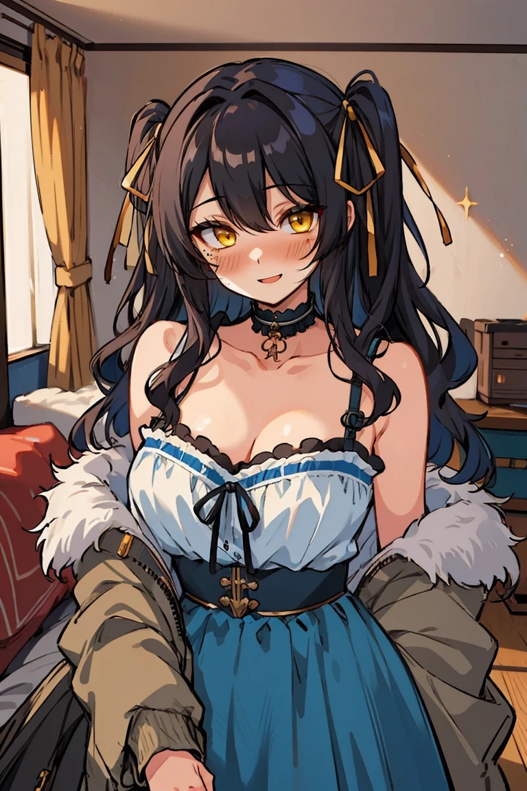 (masterpiece:1.2), (high quality:1.2), hui xiyi, rekkyo sensen, rekkyou sensen, (long wavy hair, hair ribbon, one side up:1.54), solo focus, hand up, waving, girls with((black hair, bare shoulders, medium breasts, breasts, choker, cleavage, collar, collarbone, cowboy shot, dress, see-through sleeves, neck ribbon, blue clothes, frills shirt, fur, fur collar, fur trim, hooded jacket, hoodie, jacket, large breasts, long sleeves, belt, suspenders, open clothes, open hoodie, solo, winter clothes, zipper, upper body)), background with ((bedroom, room:2.0))