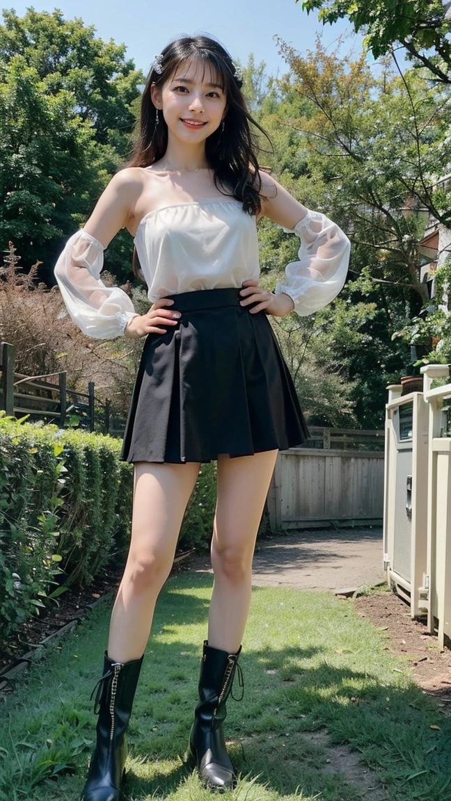 (8K、RAW Photos、Highest quality、masterpiece:1.2)、(Highest quality、Realistic)、1 Girl、((Tube top、mini skirt、Idol Costume、ribbon、See-through、Silver and Black、Thin legs、whole body、boots、garden、View from the front、Looking into the camera、Stand with hands on hips))、cute