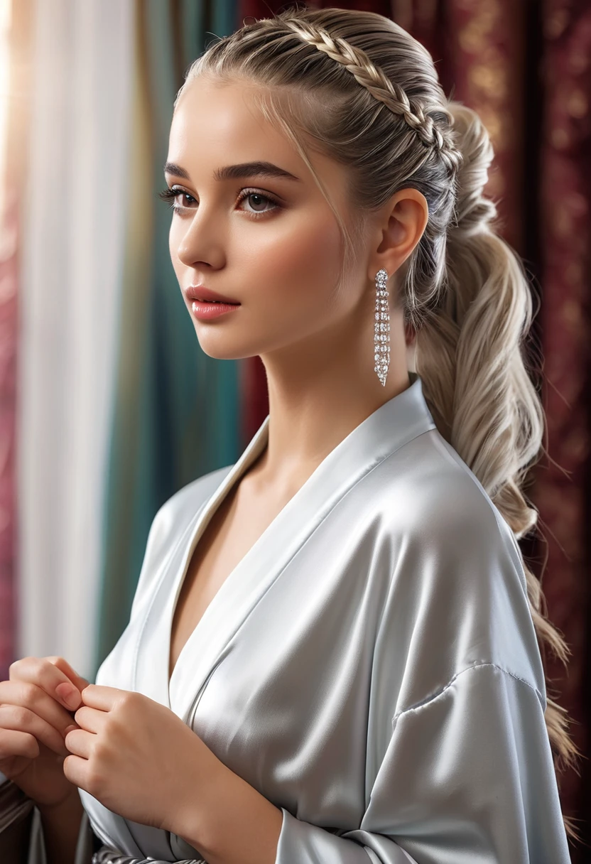 (Highest quality, masterpiece:1.2), Ultra-high resolution, Realistic, Front lighting, Exquisite detail, Exquisite detail and texture, One girl, alone ,(young), Facial highlights, Upper Body, Detailed face, Teardrop Mole, white skin, Silver Hair, ponytail, Braid, View your viewers, Big eyes, silk robe, (Hollow pattern, white, silk), Earrings, Small breasts, The body is slim, Luxurious Room, Professional Lighting, Photon Mapping, Radio City, Physically Based Rendering,