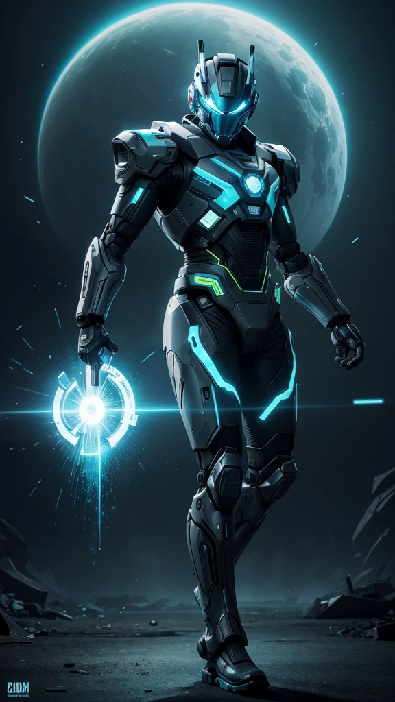 4D hyperrealistic image of a 24 year old Indonesian guy with neat short hair, a sophisticated robot in a dynamic pose, wearing a futuristic jacket over his suit, featuring a sleek design with a combination of bright gray and green colors, with complex mechanical components such as gears, pistons, a futuristic helmet with a glowing visor, against the backdrop of a dusty battlefield, shooting with a plasma gun with a blue plasma glow, scattered bullet casings, a broken energy shield generator on his back, torn cloth on his elbows and knees, and worn boots.