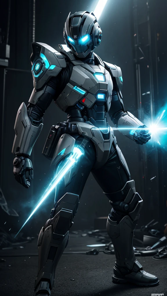 4D hyperrealistic image of a 24 year old Indonesian guy with neat short hair, a sophisticated robot in a dynamic pose, wearing a futuristic jacket over his suit, featuring a sleek design with a combination of bright gray and green colors, with complex mechanical components such as gears, pistons, a futuristic helmet with a glowing visor, against the backdrop of a dusty battlefield, shooting with a plasma gun with a blue plasma glow, scattered bullet casings, a broken energy shield generator on his back, torn cloth on his elbows and knees, and worn boots.