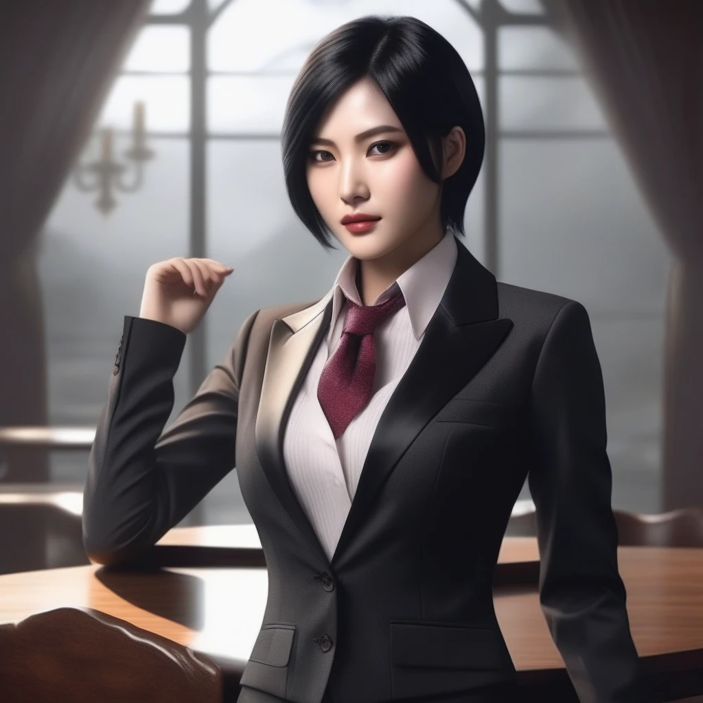 Ultra-realistic extremely detailed real life 8k masterpiece of a gorgeous asian woman re ada wong wearing (((skirt suit))), (((three-piece suit))), (((dress shirt))), (((necktie))), (((blazer))), (((black lapel))), (((suit jacket))), ((waistcoat)), double-breasted waistcoat, (((bodycon miniskirt))), pocket square, cufflinks, tie clip , tailored suit,, extremely detailed facial features, dark scary epic lighting, horror composition