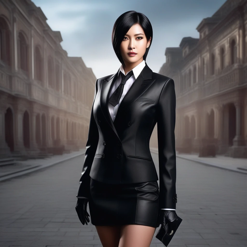 Ultra-realistic extremely detailed real life 8k masterpiece of a gorgeous asian woman re ada wong wearing (((skirt suit))), (((three-piece suit))), (((dress shirt))), (((necktie))), (((blazer))), (((black lapel))), (((suit jacket))), ((waistcoat)), double-breasted waistcoat, (((bodycon miniskirt))), pocket square, cufflinks, tie clip , tailored suit,, extremely detailed facial features, dark scary epic lighting, horror composition