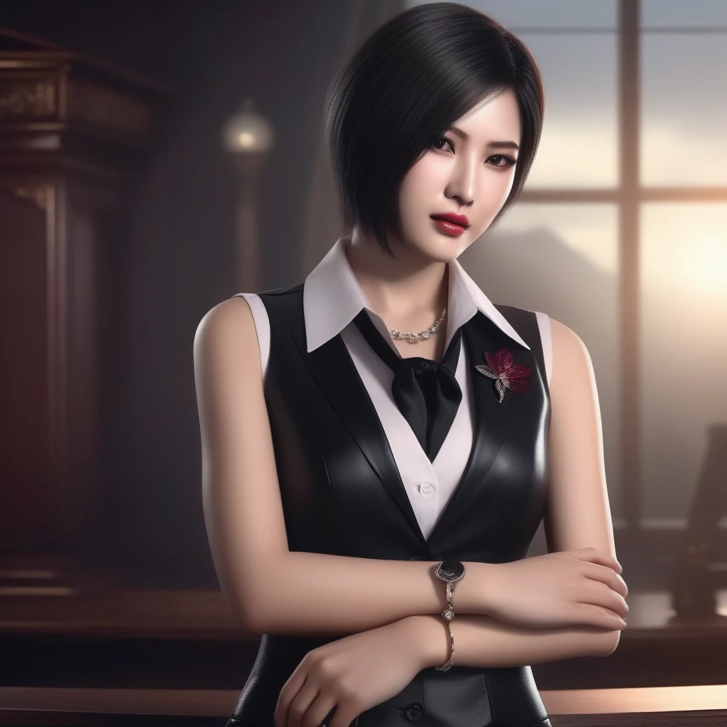 Ultra-realistic extremely detailed real life 8k masterpiece of a gorgeous asian woman re ada wong wearing (((skirt suit))), (((three-piece suit))), (((dress shirt))), (((necktie))), (((blazer))), (((black lapel))), (((suit jacket))), ((waistcoat)), double-breasted waistcoat, (((bodycon miniskirt))), pocket square, cufflinks, tie clip , tailored suit,, extremely detailed facial features, dark scary epic lighting, horror composition