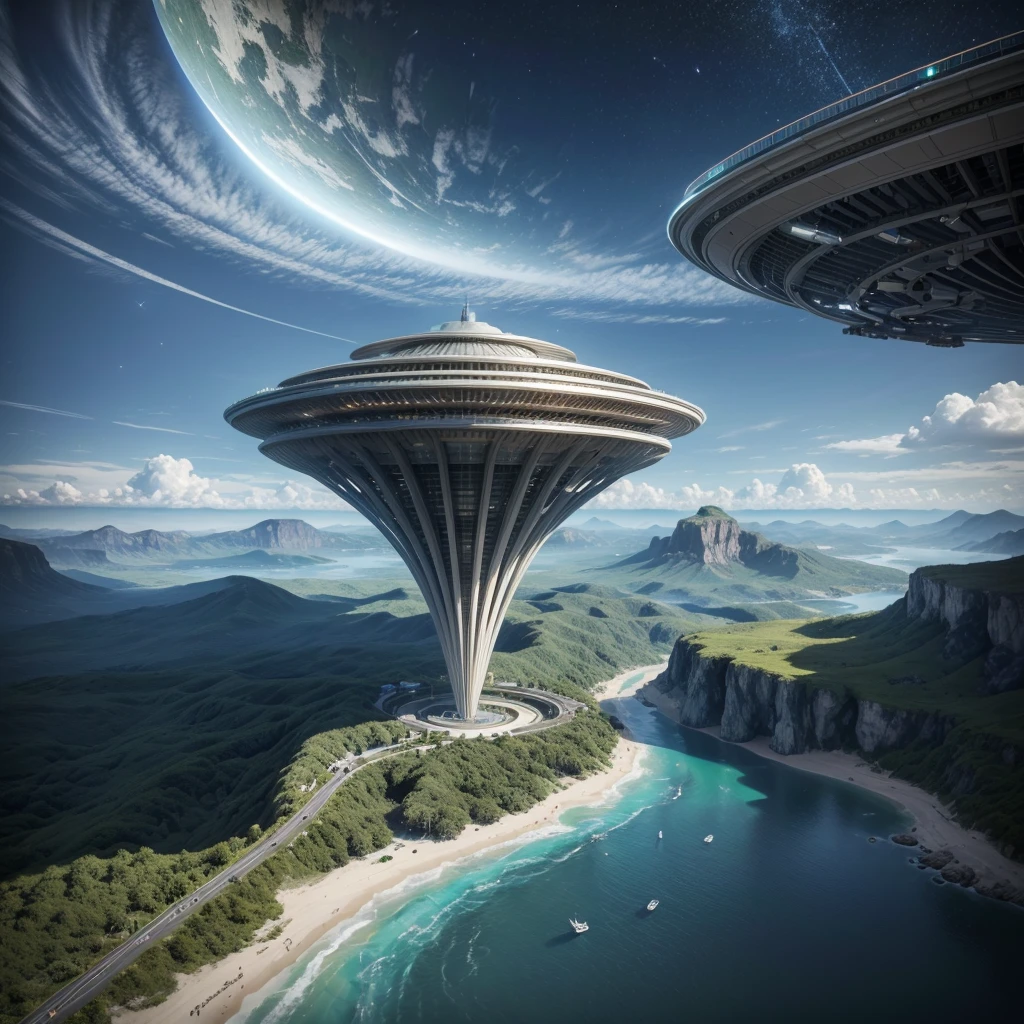 Create an ultra-realistic image of a utopian, futuristic cityscape set on a man-made planetoid or artificial satellite. The scene should showcase the pinnacle of human potential and technological advancement.
The city should be a harmonious blend of advanced technology and natural beauty, with sleek, modern architecture featuring towering skyscrapers made of reflective materials, lush vertical gardens, and integrated solar panels. The buildings should have a flowing, organic design, seamlessly blending with the surrounding environment.
Fill the sky with flying vehicles, such as sleek, futuristic ships and hovercrafts, moving smoothly through well-organized aerial highways. Drones of various sizes should be seen everywhere, performing a variety of tasks from delivery to maintenance, adding to the sense of a highly efficient and advanced society.
Include elements inspired by movies like Interstellar, such as large rotating habitats that simulate gravity, massive space stations, and advanced agricultural domes. The ground level should feature beautifully landscaped parks with trees, flowers, and water features, where people can be seen enjoying the serene environment.
The background should reveal the vastness of space, with stars, distant planets, and a stunning view of Earth. The artificial planetoid should have large windows or transparent sections that offer breathtaking views of the cosmos.
Add small details like holographic displays, robotic assistants interacting with humans, and futuristic public transportation systems. The overall scene should evoke a sense of awe and inspiration, highlighting the limitless possibilities of human ingenuity and cooperation in a utopian future Create an ultra-realistic image of a utopian, futuristic cityscape set on a man-made planetoid or artificial satellite. The scene should showcase the pinnacle of human potential and technological advancement.
The city should be a harmonious blend of advanced technology and natural bea