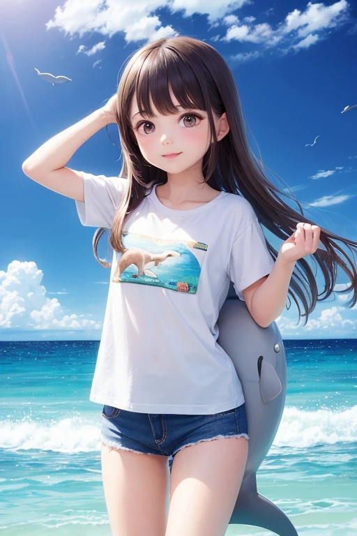 Girl 1, cute dolphin, bright sky, clouds, dolphin drawing, quality details, ocean 