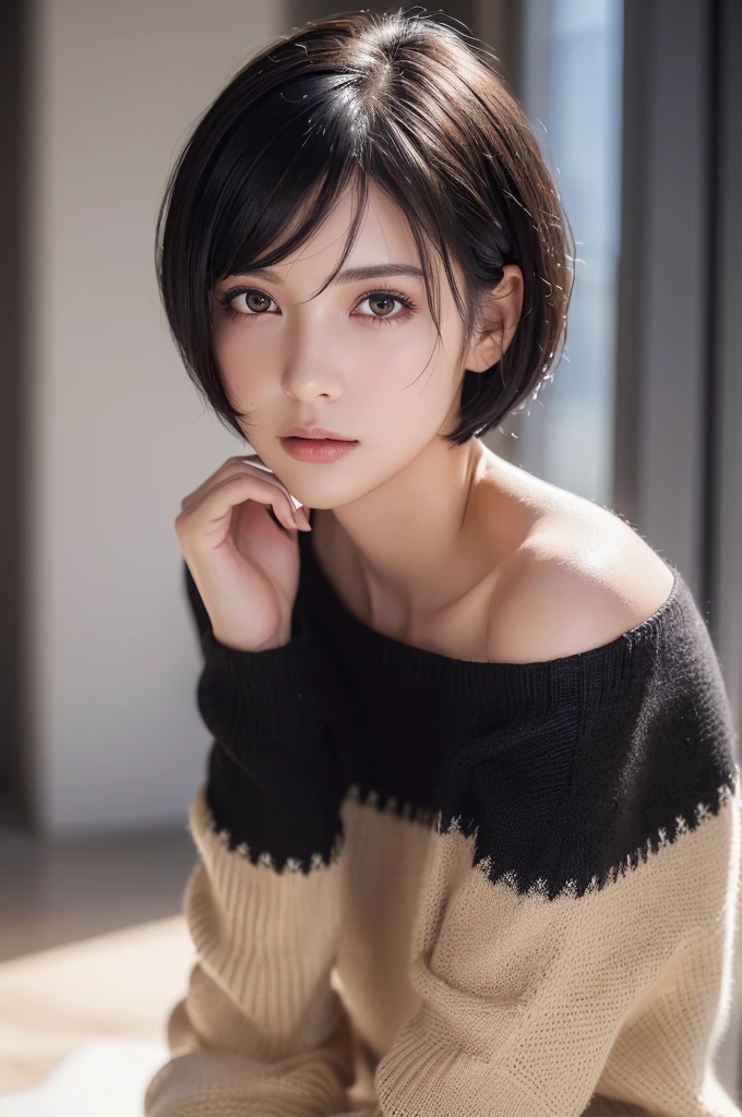 (masterpiece:1.3), (8K, Realistic, RAW Photos, Highest quality: 1.4), (One girl), Beautiful Face, (Realistic Face), (Black Hair, short hair:1.3), Beautiful hairstyle, Realistic eyes, Beautiful attention to detail, (Realistic Skin), Beautiful Skin, (sweater), Absurd, Charm, Ultra-high resolution, Ultra-realistic, Very detailed, Golden Ratio、Completely naked