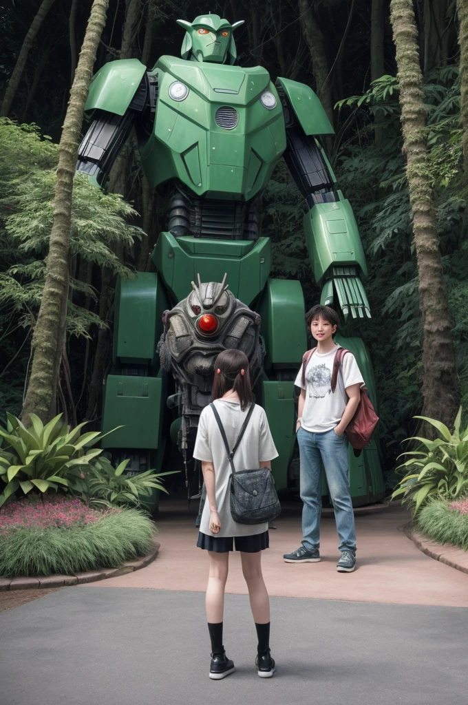 (In 8K、Highest quality、masterpiece:1.2)、(Realistic、Photorealistic:1.2)、Two people standing in front of a giant robot, Vacation Photos, At Disney, Ghibli Studio, Next to some exotic plants, himeji rivendell garden of eden, With two letters, With magical creatures, In the jungle forest !!!, Alien forest in the background, Photos taken in 2020, Giant Robot Owl