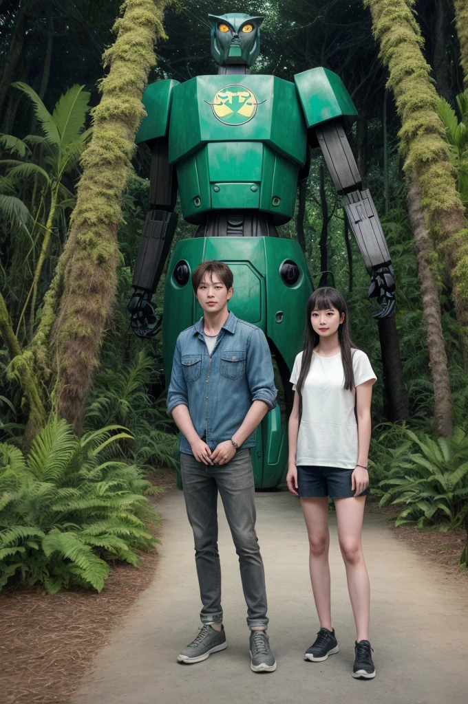(In 8K、Highest quality、masterpiece:1.2)、(Realistic、Photorealistic:1.2)、Two people standing in front of a giant robot, Vacation Photos, At Disney, Ghibli Studio, Next to some exotic plants, himeji rivendell garden of eden, With two letters, With magical creatures, In the jungle forest !!!, Alien forest in the background, Photos taken in 2020, Giant Robot Owl