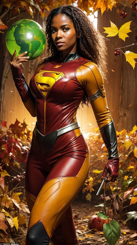 September Superhero: Harvest, a superhero with earth-based powers to manipulate soil and crops, dressed in a costume that echoes the colors of autumn leaves and equipped with tools of growth and abundance.
