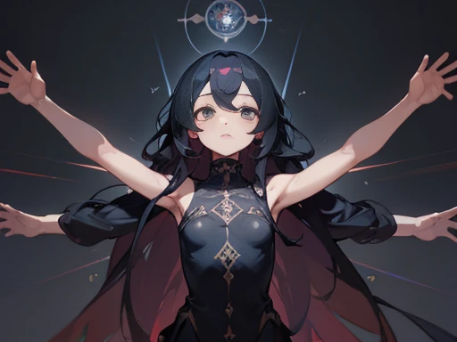 ((Highest quality)), ((masterpiece)), (detailed), mysterious, One Girl, sexy, 黒hair, Small eyes,Black clothes, look up, Upper Body,hair,Fair skin,長いhair,Four arms, Open your arms, Vitruvian Man, Vitruvius' human body diagram