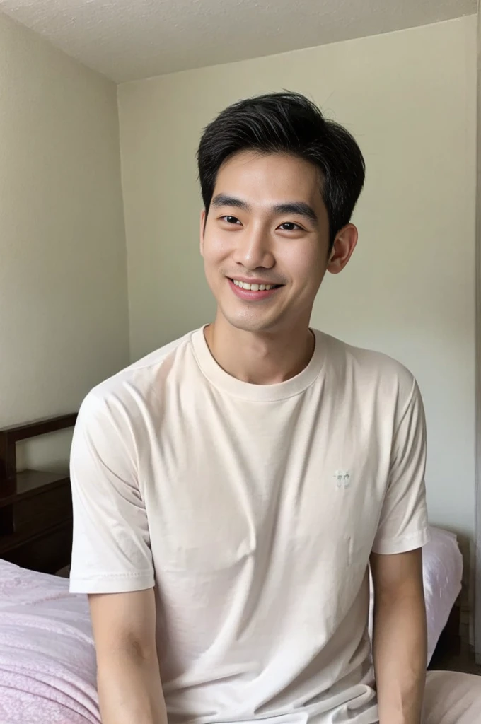 Korean man, Inspiration from Peng Yuyan, 30 years old, 236 years old, Cute Korean Face, 35 yo, 33 year old Korean muscular man,The bedroom is at the back. white t-shirt, open mouth smile