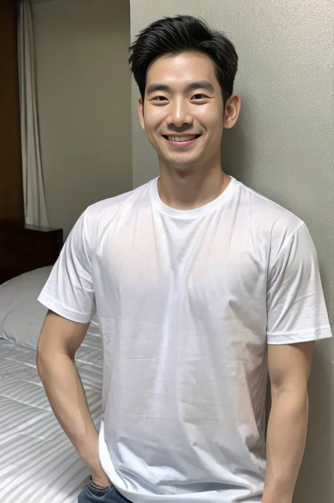 Korean man, Inspiration from Peng Yuyan, 30 years old, 236 years old, Cute Korean Face, 35 yo, 33 year old Korean muscular man,The bedroom is at the back. white t-shirt, open mouth smile