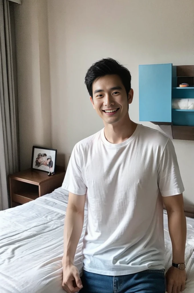 Korean man, Inspiration from Peng Yuyan, 30 years old, 236 years old, Cute Korean Face, 35 yo, 33 year old Korean muscular man,The bedroom is at the back. white t-shirt, open mouth smile