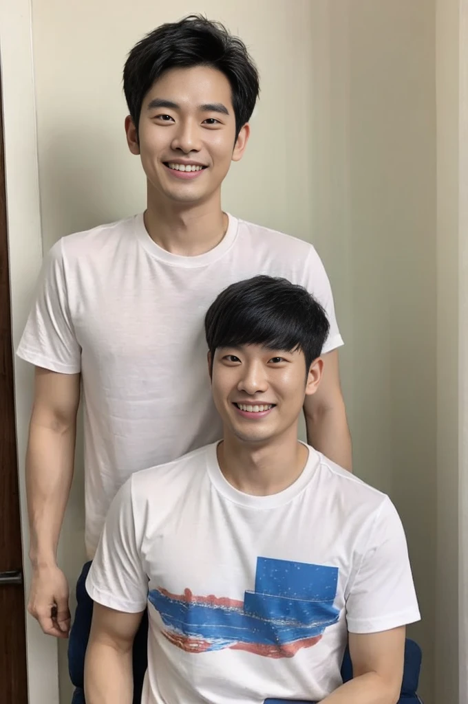 Korean man, Inspiration from Peng Yuyan, 30 years old, 236 years old, Cute Korean Face, 35 yo, 33 year old Korean muscular man，The bedroom is at the back. white t-shirt, open mouth smile