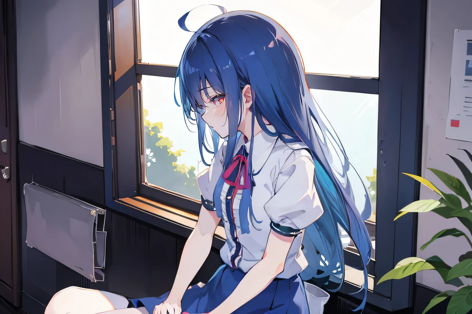 Anime Girl sitting on window sill drinking coffee and looking out the window, (Anime Girl), Anime cute art style, seductive Anime Girl, Beautiful anime high school, Cute girl anime visual, Night Core, Best Girl in Anime, young Anime Girl,dark blue long hair,Sit by the window