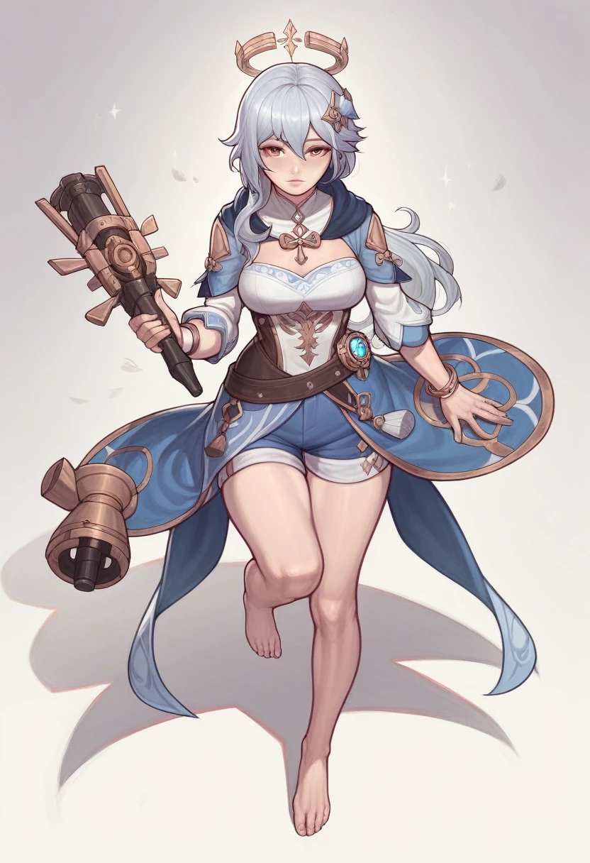 _asura style, 1 girl, (genshin_influence), One, breast, Looking at the viewer, rainbow medieval girl, concept, halo overhead, full length, standing on my feet, shorts, silver bracelets, dressed, ( fire crossbow in bows )