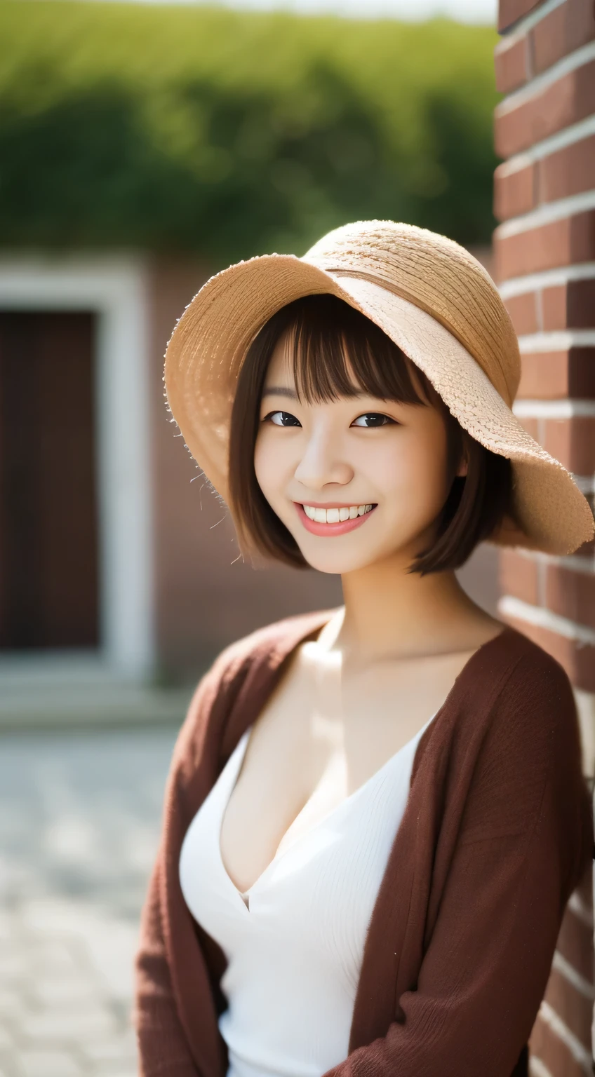 masterpiece,best quality,(Japanese ),((Beautiful girl)),cleavage,(perfect body beauty:1.2),(shy smile),beautiful teeth,(Blurred background of brick buildings),(hat),
