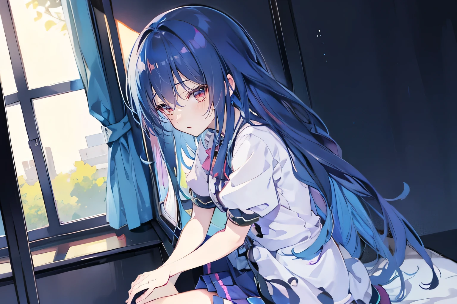 Anime Girl sitting on window sill drinking coffee and looking out the window, (Anime Girl), Anime cute art style, seductive Anime Girl, Beautiful anime high school, Cute girl anime visual, Night Core, Best Girl in Anime, young Anime Girl,dark blue long hair，Sit by the window