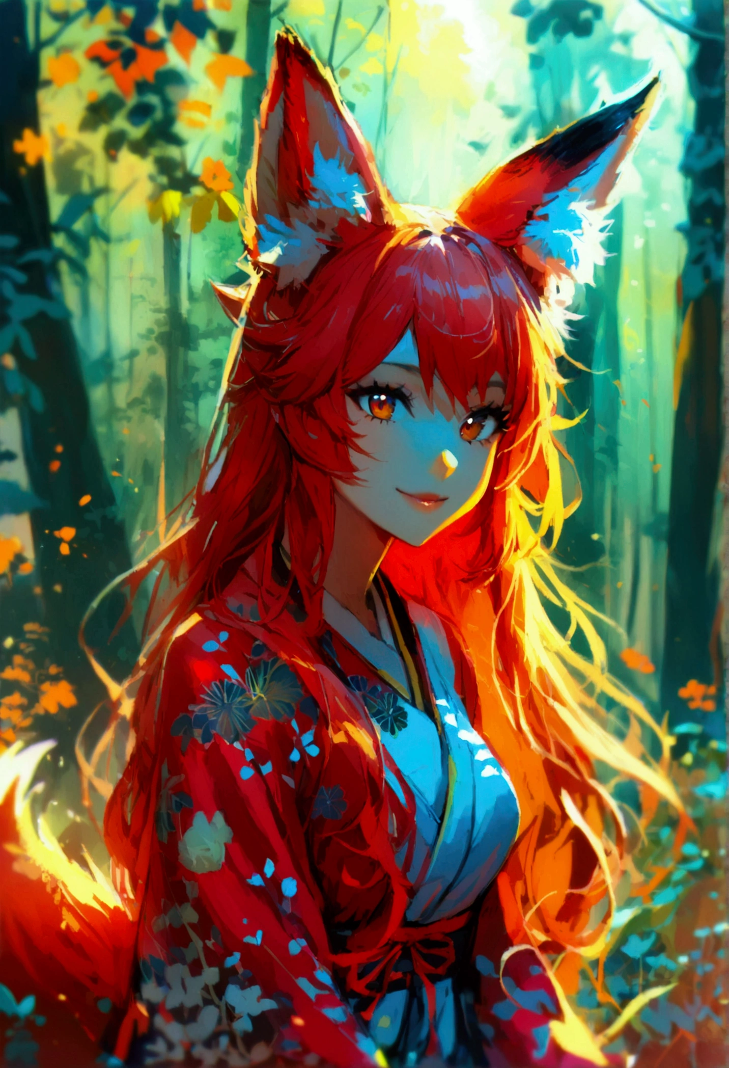 1girl with long red hair, amber eyes, fox ears, slender body, ,fox tail, red kimono, smiling, forest, day