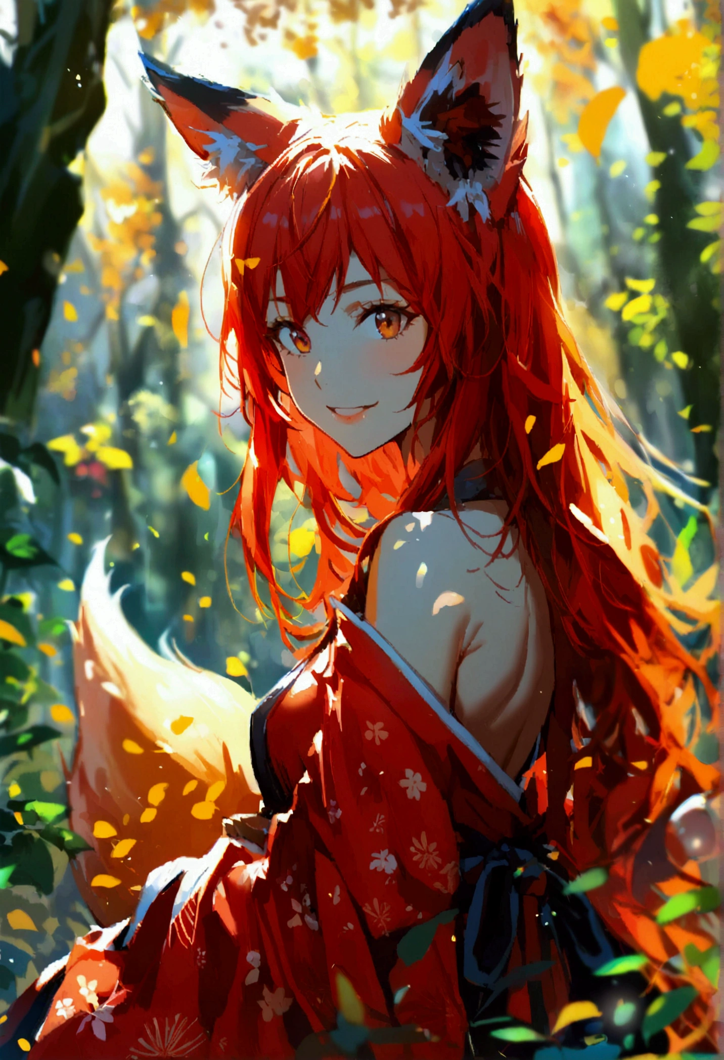 1girl with long red hair, amber eyes, fox ears, slender body, ,fox tail, red kimono, smiling, forest, day