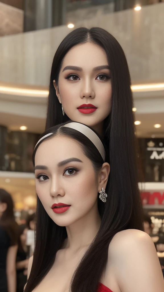 From below, full body shot of a gorgeous Indonesian woman black messy hair, red lipstick, sensual Lipstick, Sensational Make up, age 25, nice hair style, she's a men magazine model, She has a subtle smile and stare with the camera, (she’s in the mall and crowd of people ), (she’s wears a blouse, cleavage), perfect eyes, perfect hands, perfect body, ((perfect hair)), perfect breast, crossing arms, hair behind ear, UHD, retina, masterpiece, accurate, anatomically correct, textured skin, super detail, high details, high quality, award winning, best quality, highres, 16k, 8k, cinematic lighting