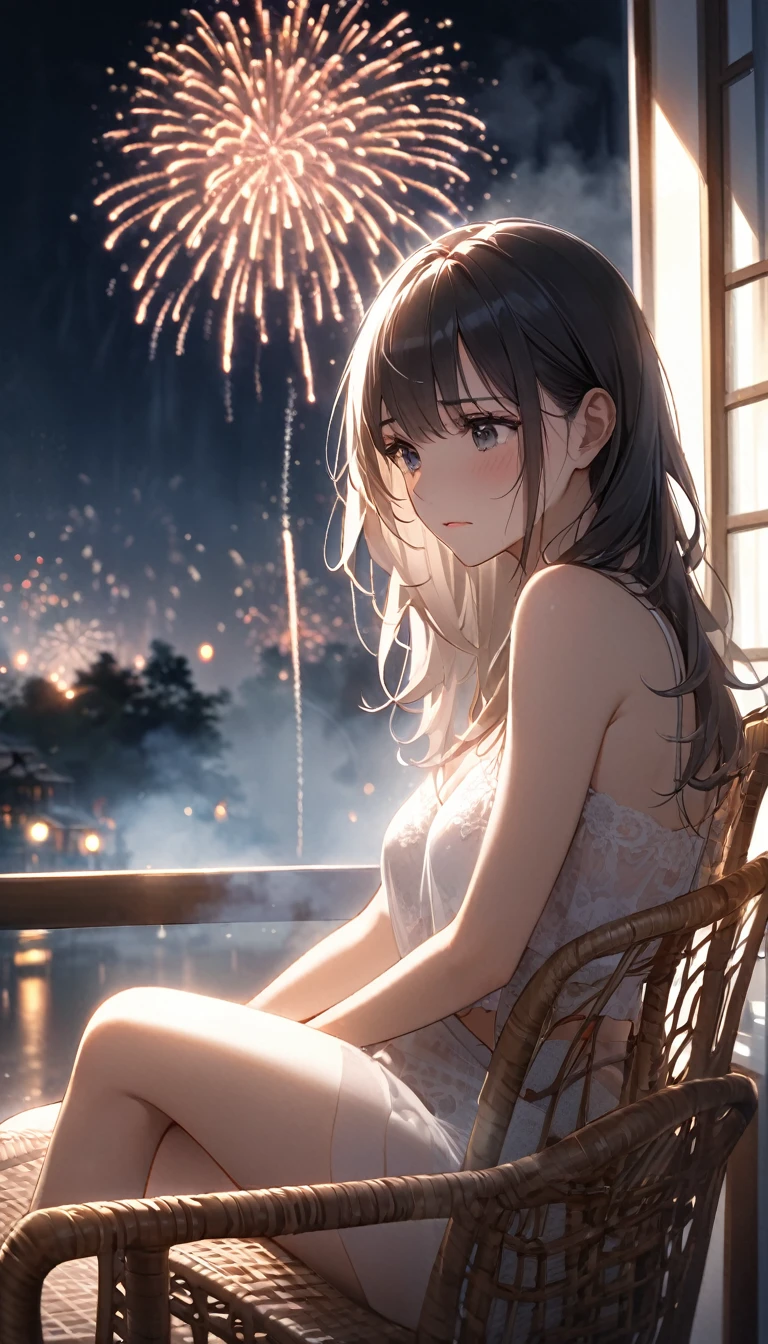 the most beautiful woman in the world, with sad expression, sitting on rattan chair and leaning against the window glass, reflection of fireworks light, wearing underwear, foggy filter effect, 2.5D, delicate and dynamic