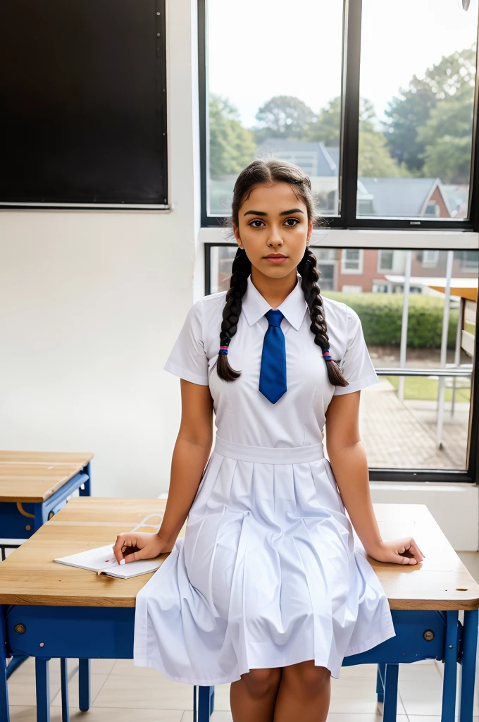Raw photo , 1 girl ,Wearing white frock and color tie, white shoes, ((teen school girl studying on on in the classroom)), with plait, biggest breasts size , professional photographer, (hdr:1.4), masterpiece, ultra-realistic 8k, perfect artwork, intricate details, cute face, award winning photograph, (Best quality, 8k, 32k, Masterpiece, UHD:1.3) , wearing white shoes and socks , hyper realistic