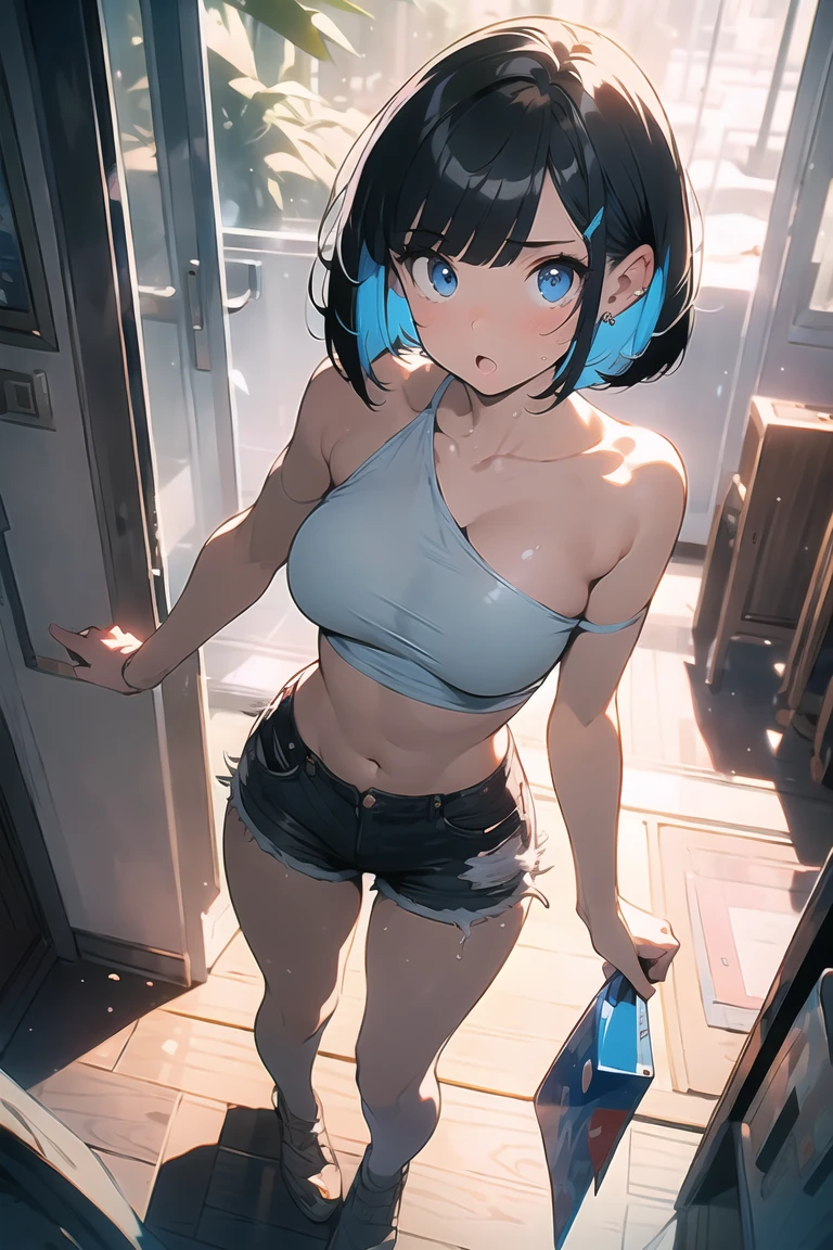 (best quality), (Super detailed), (Best Illustration Award), (masterpiece), Fraction_9, Fraction_8_Direction_7_up, (4K), (Not suitable for working hours), (1 female), Completely naked, Large breasts, {Brown hair, (temple), (Bob Cut:1.3), curls, Hair between the eyes, Colored undercoat}, {(Delicate eyes), heart-shaped pupils, blue eyes}, Open your mouth, Awkward, Red and swollen nose, earrings, Sweat,full-body shot，Short shorts