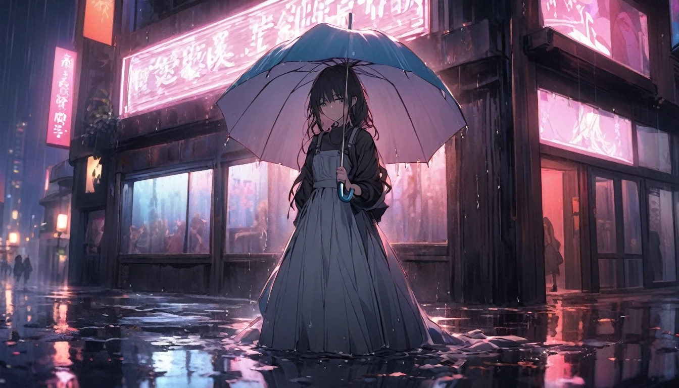 An anime girl standing on a rainy city street at night, with neon lights reflecting off the wet pavement. She has a melancholic expression, her eyes reflecting the sadness and realization of unfulfilled expectations. She is holding an umbrella, but still slightly drenched, symbolizing the struggles she faces. The background features tall buildings with glowing signs, creating a vibrant yet lonely atmosphere. Around her, there are hints of the past, such as a discarded photograph half-submerged in a puddle and a torn letter clinging to a lamppost. The atmosphere is filled with a sense of loneliness and introspection, capturing her struggle to accept reality and move on. The lighting emphasizes the contrast between the bright neon lights and the dark, rainy night, highlighting her as the focal point. The overall scene conveys a poignant mix of regret, realization, and the quiet strength needed to let go and move forward.