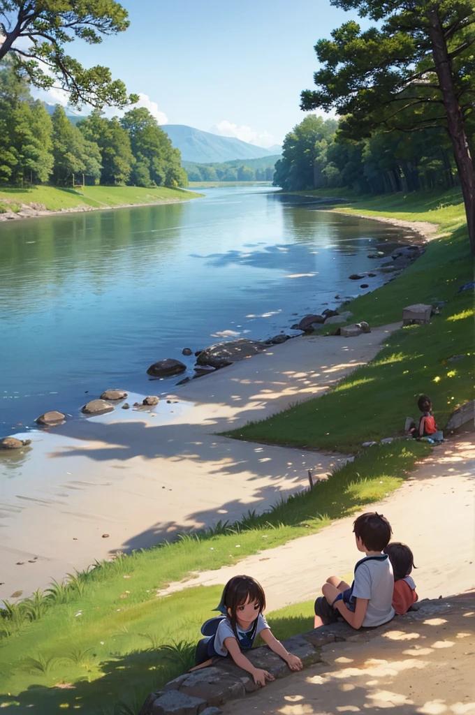Rest by the river, with children from camp