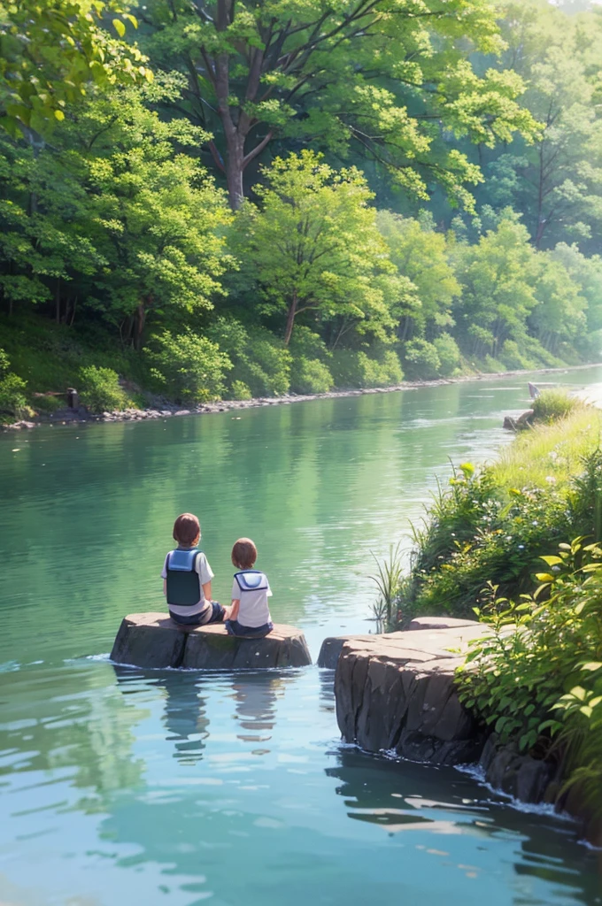 Rest by the river, with children from camp