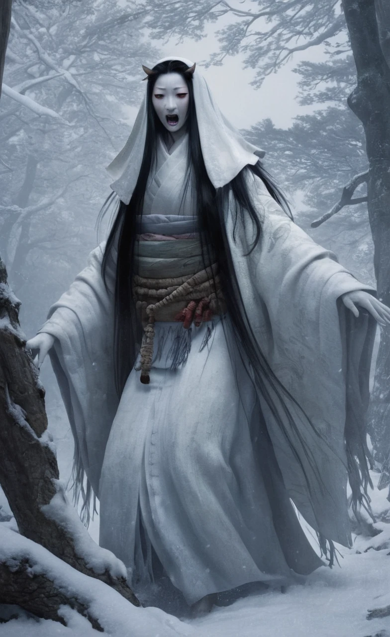 "A realistic depiction of Yuki-onna, a popular and terrifying Japanese yokai. She stands vertically in a snowy, dark forest with bare, twisted trees, wearing a traditional, tattered white kimono. Her long, black hair flows wildly down her back, contrasting sharply with her pale, almost translucent skin. Her cold, piercing eyes glow faintly in the dark, and her breath forms an eerie mist in the frigid air. Her mouth is open, revealing sharp, menacing fangs. The scene is designed to be chilling and ominous, capturing the haunting and sinister essence of Yuki-onna."