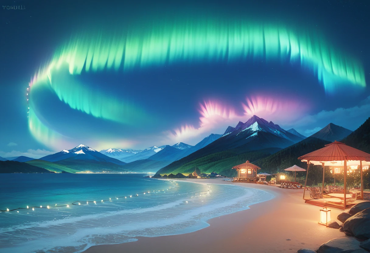 Beach view，Mountains and Water，Northern Lights in the sky，Iceland，dramatic aurora borealis，Stunning scenery，A landscape filled with the Northern Lights，Scandinavian village in the distance