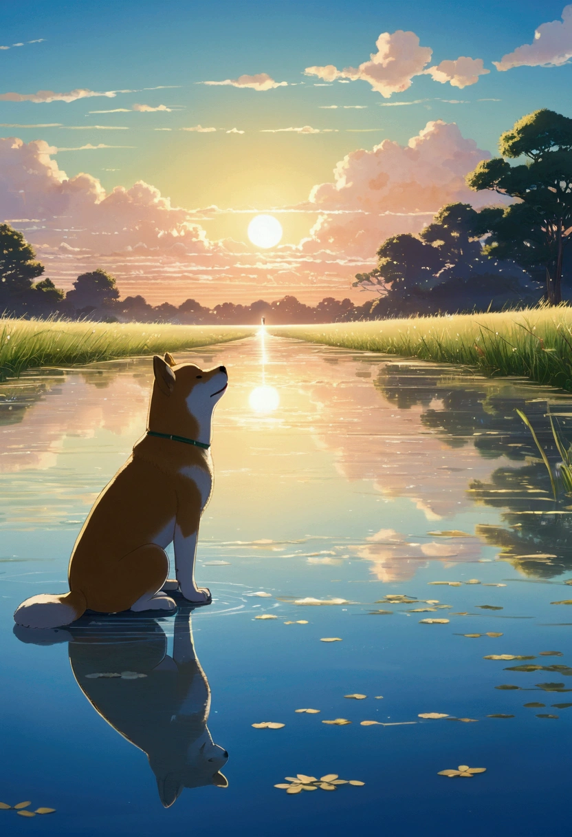 Makoto Shinkai Taste, Beautiful sky, Reflection of light, Shiba Inu,puppy, Romantic Landscape, Healing scenes, Light pours in,hope,morning, 