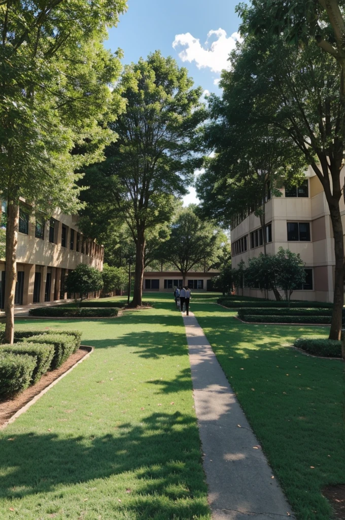 School with trees and many students