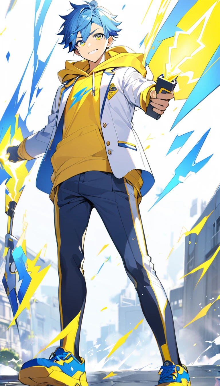 1 boy,yellow and blue hair,yellow and blue eyes,,white open school blazer with logo,yellow hoodie inside,bright smile, holding a lightning volt, standing