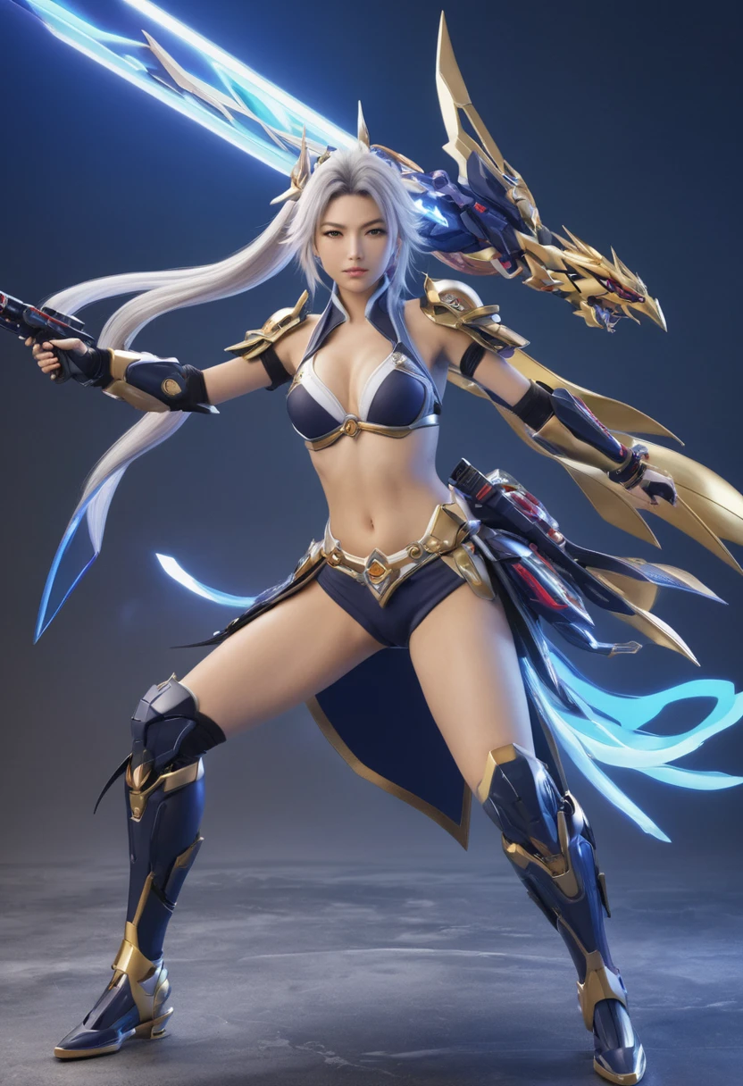 full body beautiful girl: raiden shogun (girl in genshin impact game ) in a thunder bikini, sit in Freedom gundam's left shoulder in battle of end game