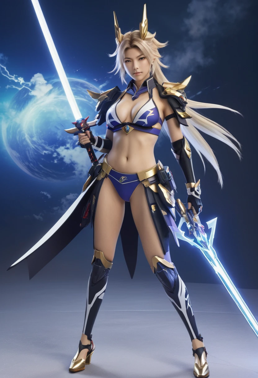 full body beautiful girl: raiden shogun (girl in genshin impact game ) in a thunder bikini, sit in Freedom gundam's left shoulder in battle of end game