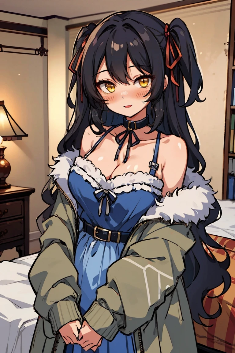 (masterpiece:1.2), (high quality:1.2), hui xiyi, rekkyo sensen, rekkyou sensen, (long wavy hair, hair ribbon, one side up:1.54), solo focus, hand up, waving, girls with((black hair, bare shoulders, medium breasts, breasts, choker, cleavage, collar, collarbone, cowboy shot, dress, see-through sleeves, false collar, neck ribbon, blue clothes, frills shirt, fur, fur collar, fur trim, hooded jacket, hoodie, jacket, large breasts, long sleeves, belt, suspenders, open clothes, open hoodie, solo, winter clothes, zipper, upper body)), background with ((bedroom, room:2.0))