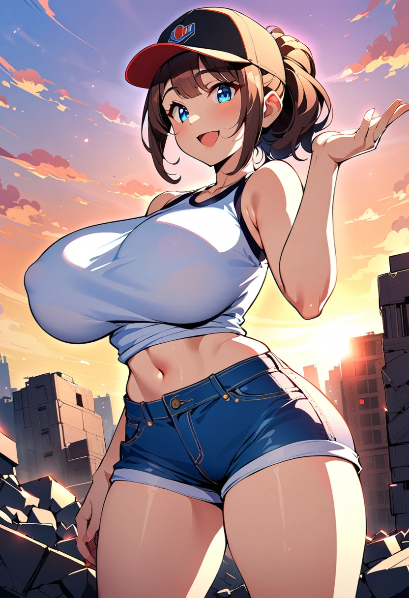 One girl, (alone:1.2), Curvy, (masterpiece:1.2), (Highest quality:1.2), (Perfect Anatomy:1.4), (Are standing:1.4), (have confidence:1.2), smile, (Large Breasts:1.4), (Cowboy Shot:1.2),, Definition 1, hilda \(Pokemon\), Denim shorts, Sleeveless shirt, White shirt, Black vest, Baseball cap, Brown Hair, ponytail, Side Lock, blue eyes, Medium chest, young woman,, (Post-match scene:1.3), rubble, outside, Dawn, We Know, Curvy, colorful, Anime Style, (Vibrant colors:1.2), Open your mouth