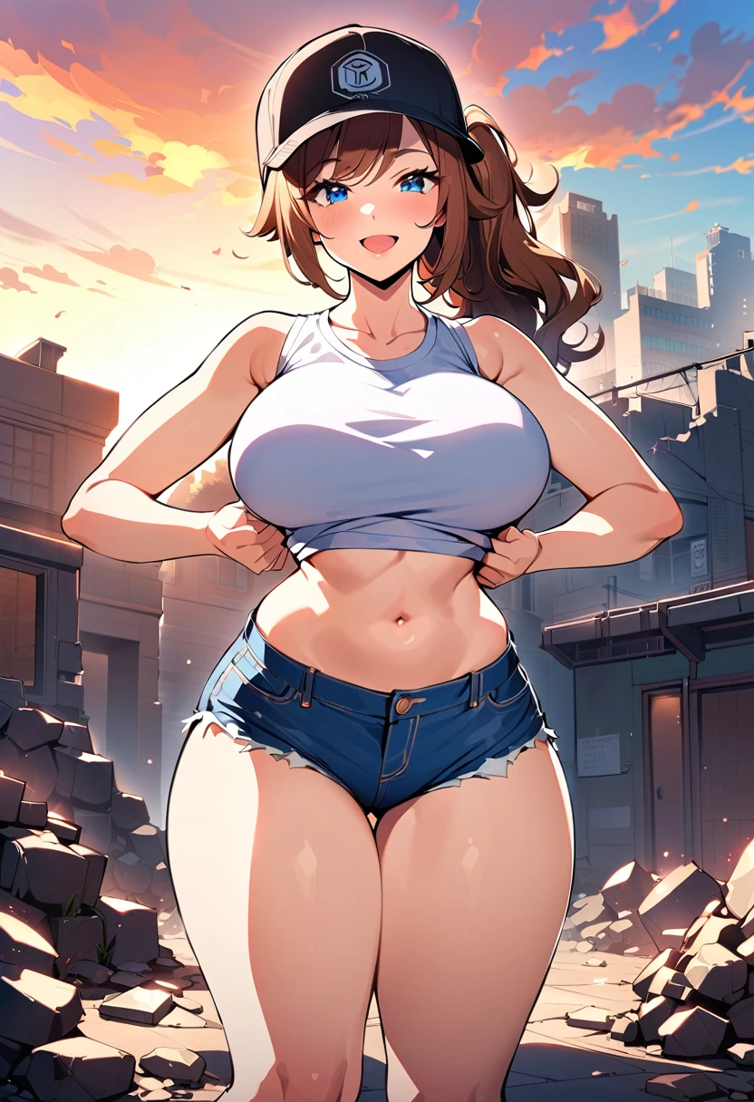One girl, (alone:1.2), Curvy, (masterpiece:1.2), (Highest quality:1.2), (Perfect Anatomy:1.4), (Are standing:1.4), (have confidence:1.2), smile, (Large Breasts:1.4), (Cowboy Shot:1.2),, Definition 1, hilda \(Pokemon\), Denim shorts, Sleeveless shirt, White shirt, Black vest, Baseball cap, Brown Hair, ponytail, Side Lock, blue eyes, Medium chest, young woman,, (Post-match scene:1.3), rubble, outside, Dawn, We Know, Curvy, colorful, Anime Style, (Vibrant colors:1.2), Open your mouth